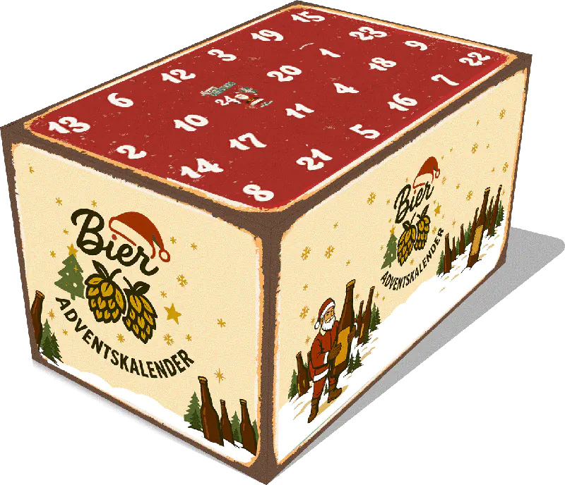 Großer Bier-Adventskalender in festlichem Design mit 24 nummerierten Türchen auf der Oberseite, verziert mit Weihnachtsmotiven wie Tannenbäumen, Schneeflocken, einem Weihnachtsmann mit Bierflasche und dem Schriftzug „Bier Adventskalender“. Ideal als Geschenk für Bierliebhaber in der Vorweihnachtszeit.